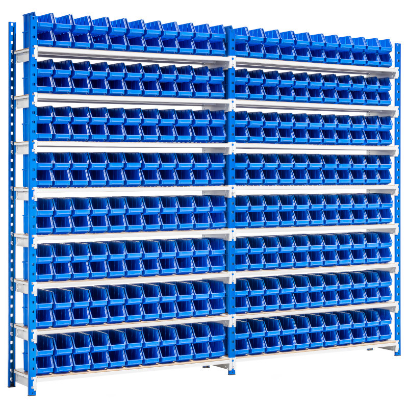 Kit rayonnage dynamique picking avec 176 bacs à bec plastique bleu de 200 x 100 x 100 mm
