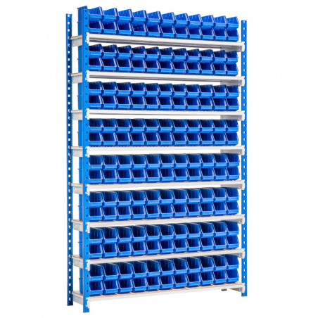 Rayonnage dynamique picking avec 176 bacs à bec plastique bleu de 200 x 100 x 100 mm element de depart