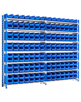 Etagere dynamique pour faire du picking avec 91 bacs à bec plastique bleu de 240 x 150 x 128 mm