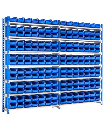 Etagere dynamique pour faire du picking avec 91 bacs à bec plastique bleu de 240 x 150 x 128 mm