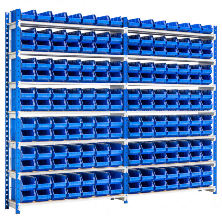 Etagere dynamique pour faire du picking avec 91 bacs à bec plastique bleu de 240 x 150 x 128 mm