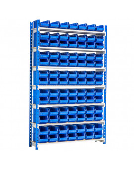 Rayonnage metallique pour faire du picking avec 91 bacs à bec plastique bleu de 240 x 150 x 128 mm element de depart
