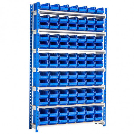 Rayonnage metallique pour faire du picking avec 91 bacs à bec plastique bleu de 240 x 150 x 128 mm element de depart