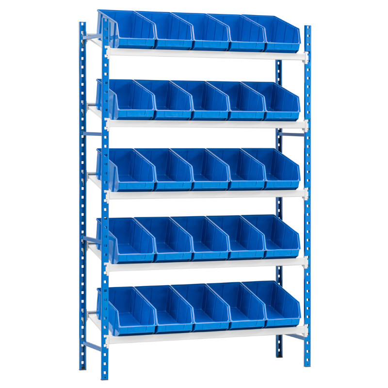 Rayonnage L 1250 incliné 5 tablettes + 25 bacs de 400 mm