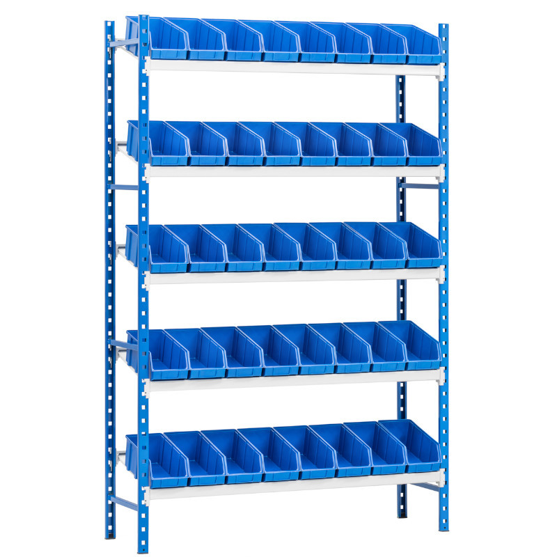 Rayonnage L 1250 incliné 5 tablettes + 40 bacs de 300 mm
