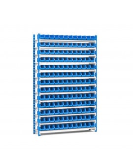 rayonnage dynamique pour picking avec 156 bacs à bec plastique bleu de 200 x 100 x 100 mm