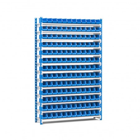 rayonnage dynamique pour picking avec 156 bacs à bec plastique bleu de 200 x 100 x 100 mm