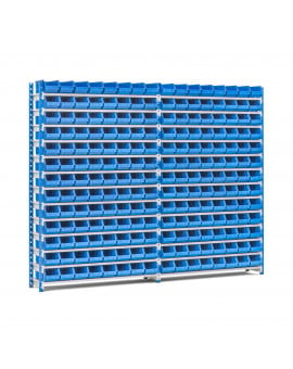 Pack complet rayonnage picking atelier avec 104 bacs à bec plastique bleu de 300 x 150 x 125 mm départ + suivant